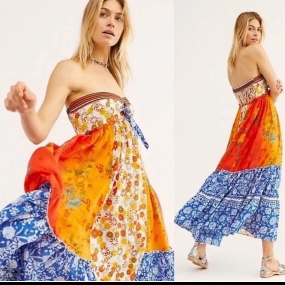 Free People Golden Dreams Strapless Maxi Dress Boho Floral Size Small